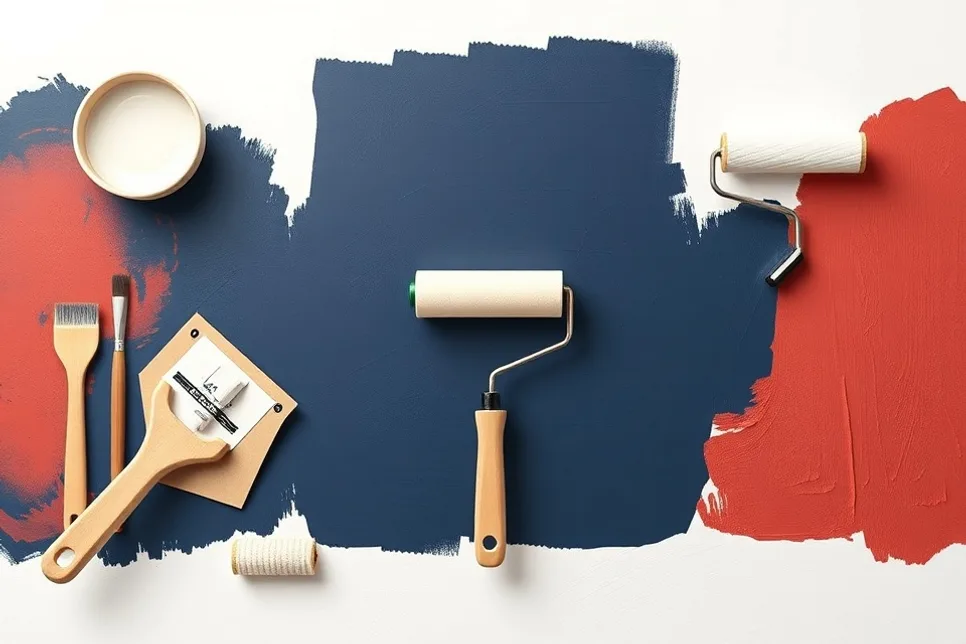 Outils de peinture disposés dans l'ordre des étapes du chantier