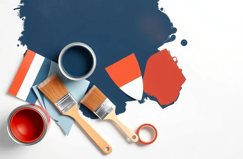 Pots de peinture, nuancier, brosses et rouleaux disposés à plat