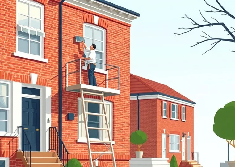 Peintre sur échafaudage traitant la façade d'une maison